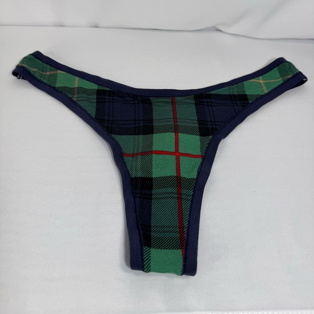Aerie Plaid Green Navy Thong Panty